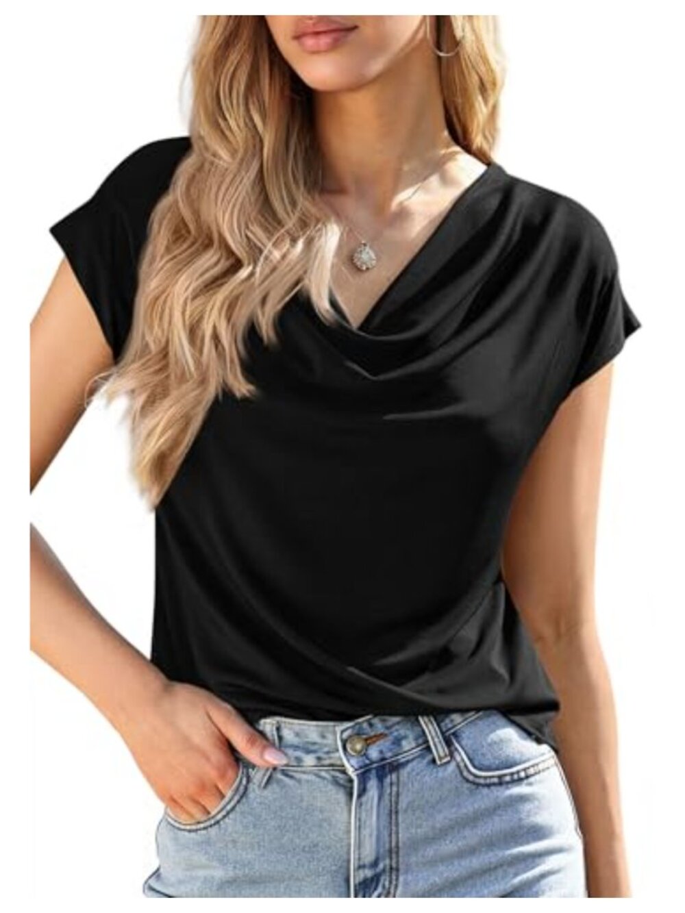 Dressy Casual Cowl Neck Cap Sleeve Blouse